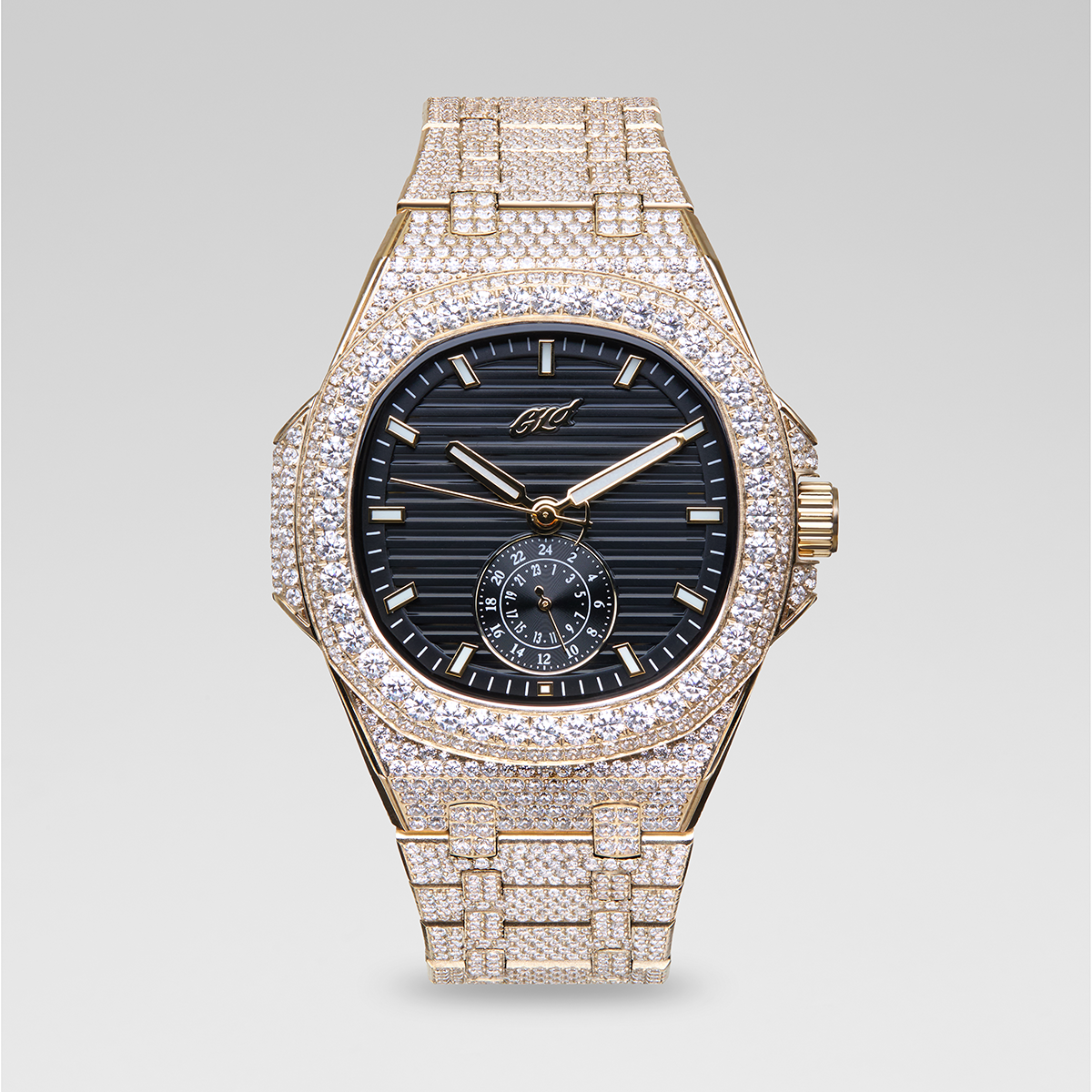 39MM Visionary Fully Iced Case & Black Dial Watch - Yellow Gold