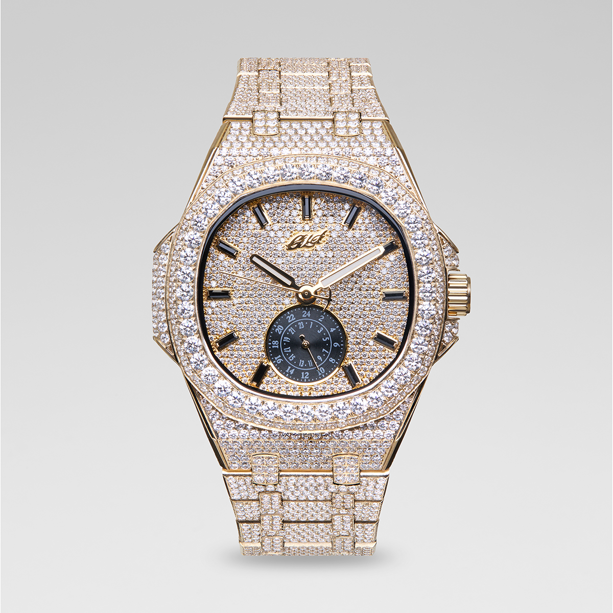 39MM Visionary Moissanite Fully Iced Case & Steel Band Watch - Yellow Gold