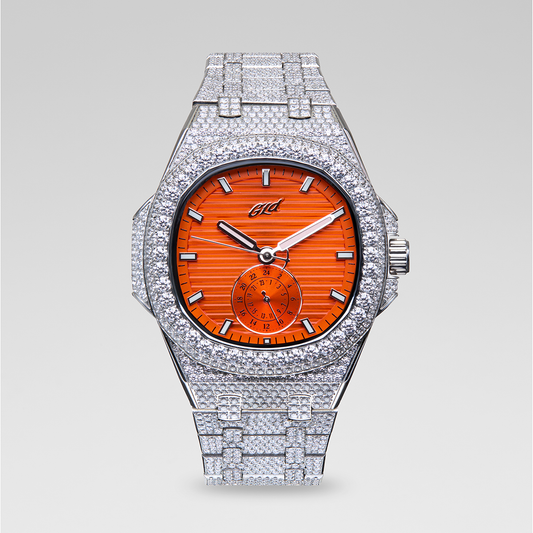 39MM Visionary Fully Iced Case & Orange Dial Watch - White Gold