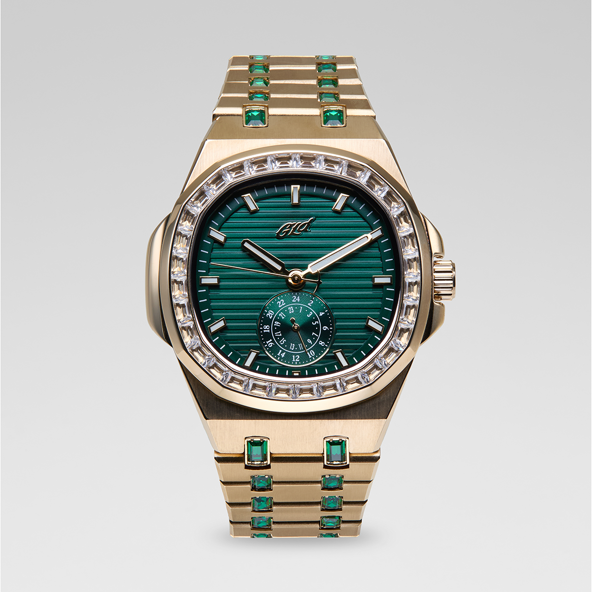 39MM Visionary Moissanite Iced Emerald Stone Band Watch - Yellow Gold