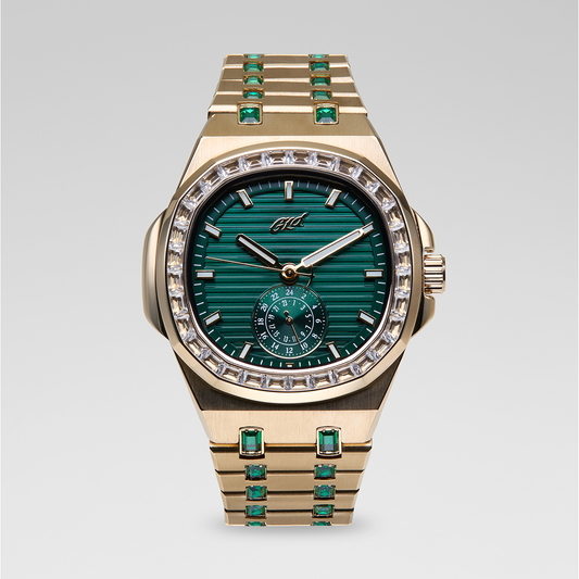 39MM Visionary Moissanite Iced Emerald Stone Band Watch - Yellow Gold