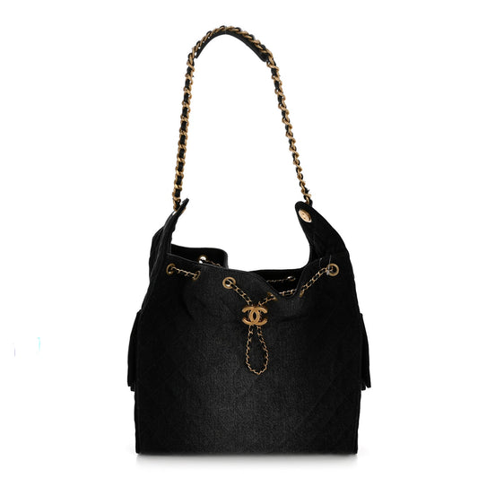 Washed Denim Quilted Medium Chanel 25 Handbag Black