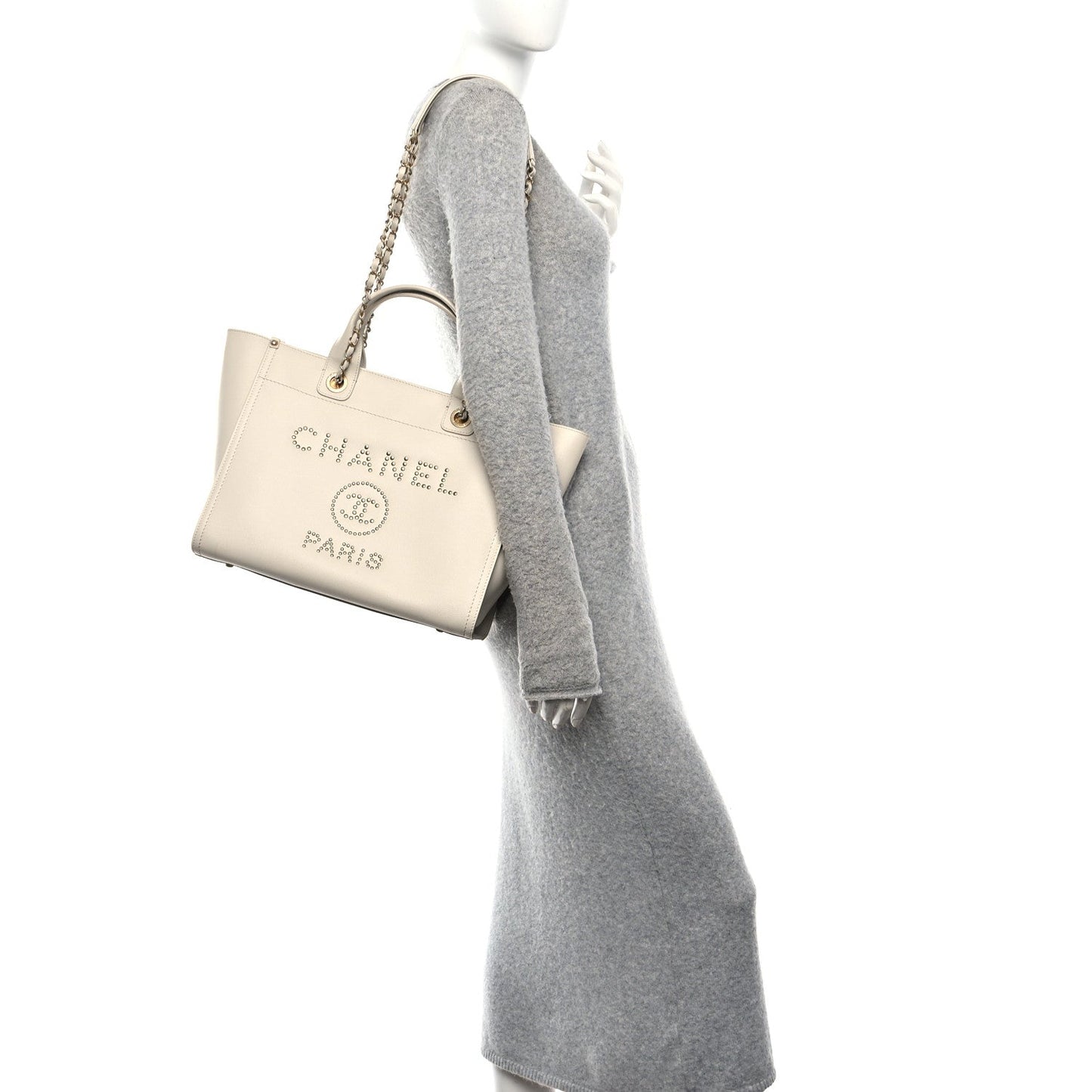 Caviar Small Studded Deauville Tote Ivory