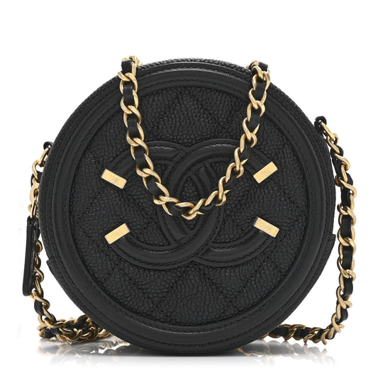 Caviar Quilted Round Filigree Crossbody Black