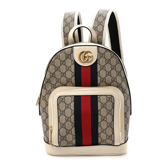 GG Supreme Monogram Textured Calfskin Web Small Ophidia Day Backpack Beige Ebony Mystic White