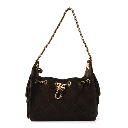 Suede Quilted Mini Chanel 25 Handbag Dark Brown