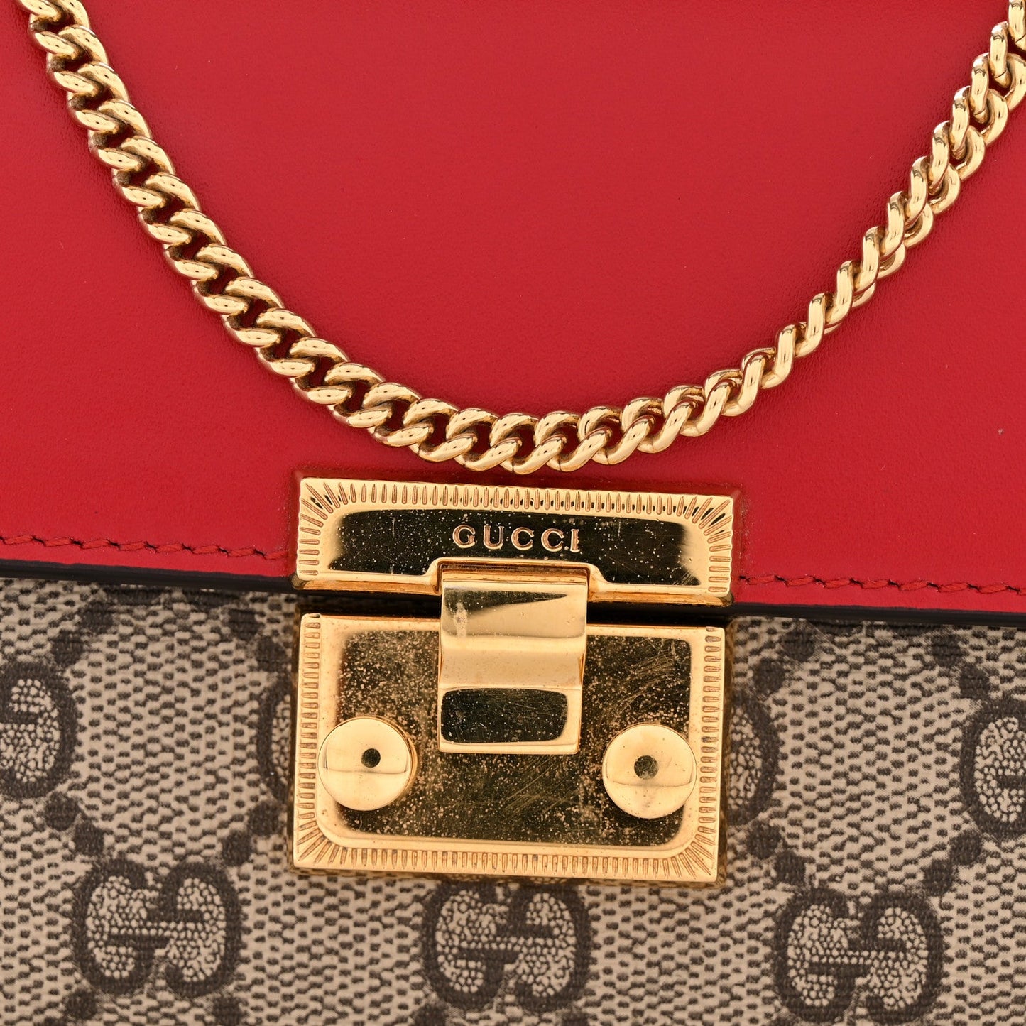 GG Supreme Monogram Moon Calfskin Padlock Continental Chain Wallet Beige Ebony Hibiscus Red New Rosette