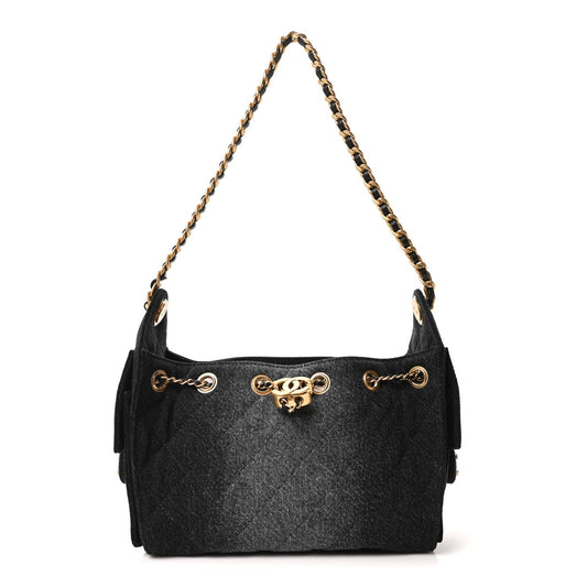 Washed Denim Quilted Mini Chanel 25 Handbag Black
