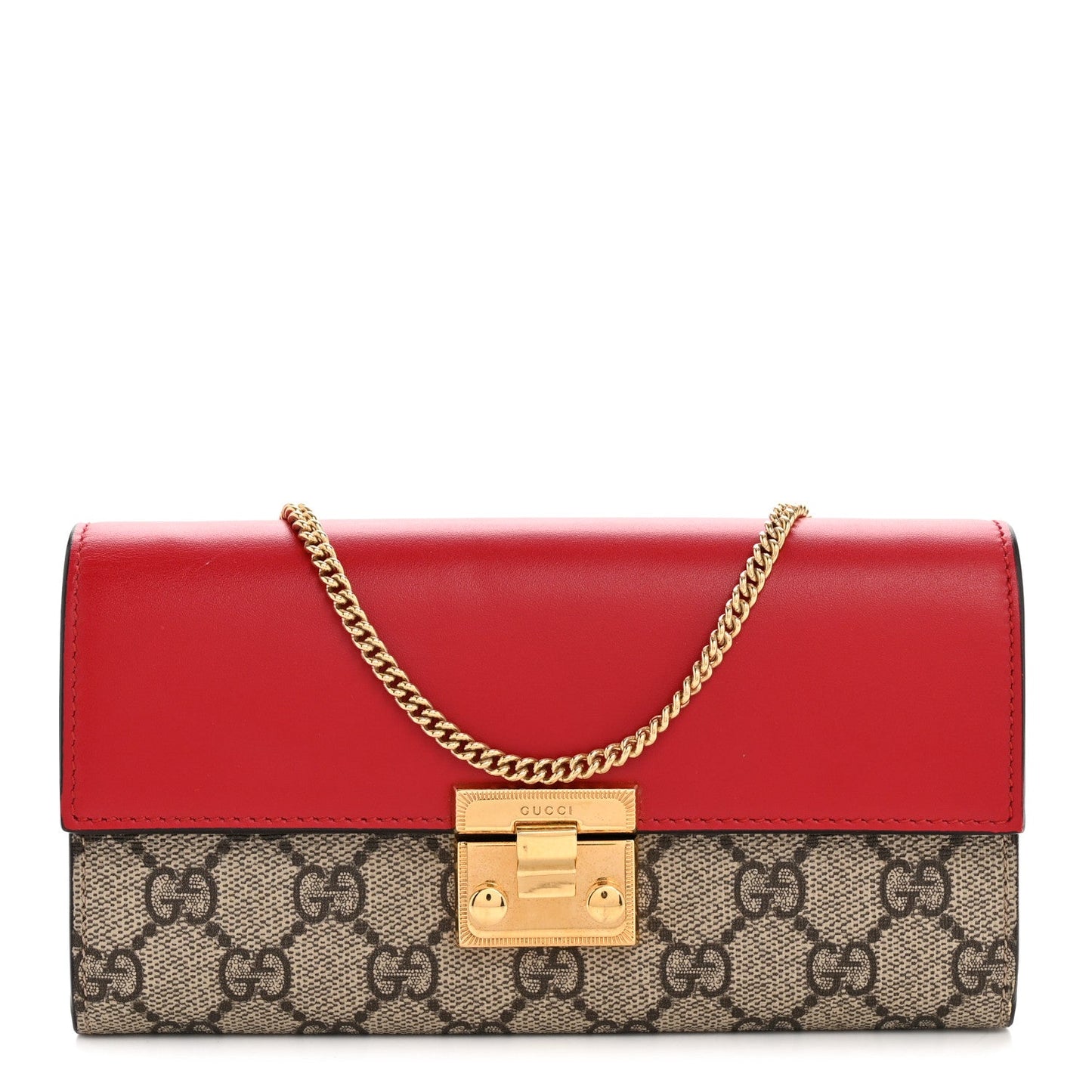 GG Supreme Monogram Moon Calfskin Padlock Continental Chain Wallet Beige Ebony Hibiscus Red New Rosette