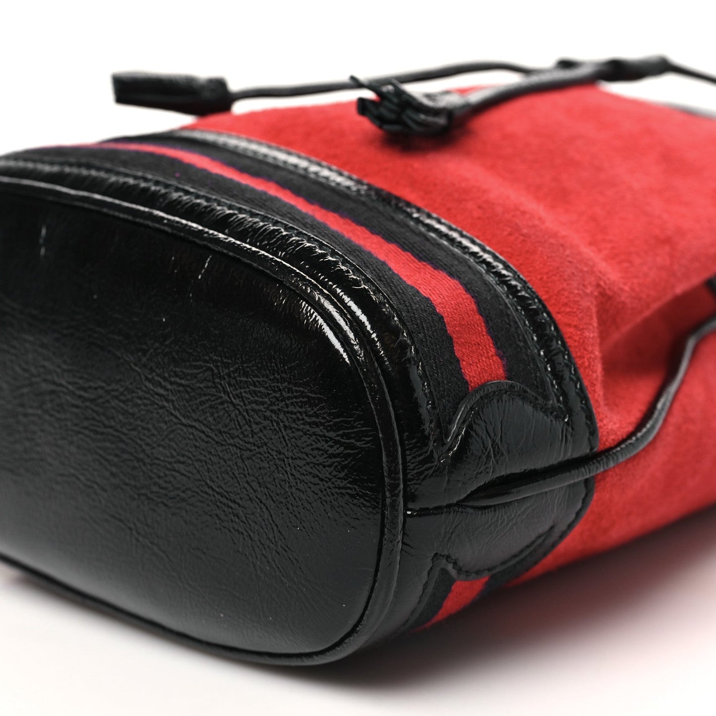 Suede Patent Web Small Ophidia Bucket Bag Hibiscus Red Black