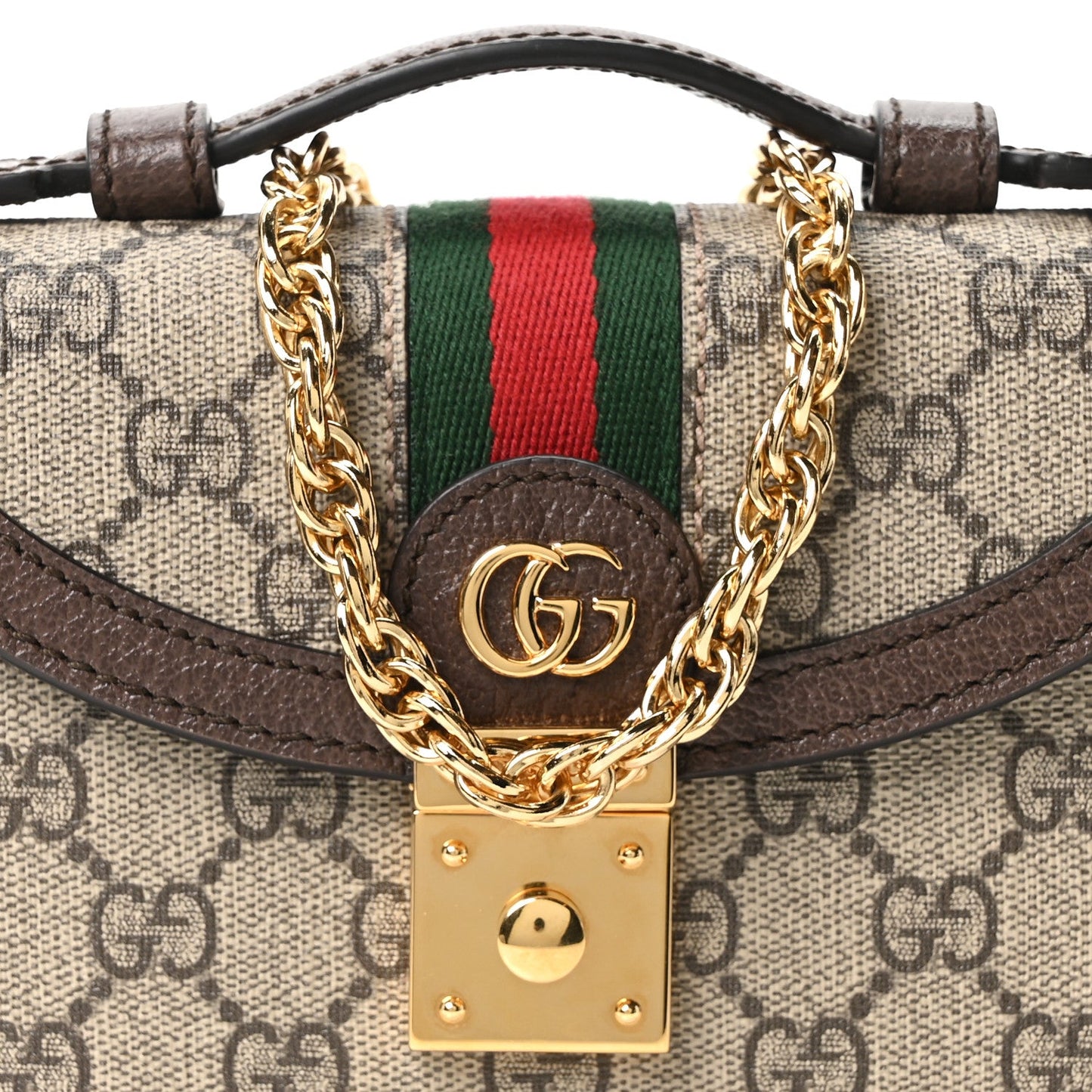 GG Supreme Monogram Textured Dollar Calfskin Web Mini Ophidia Padlock Top Handle Chain Shoulder Bag Beige Ebony New Acero
