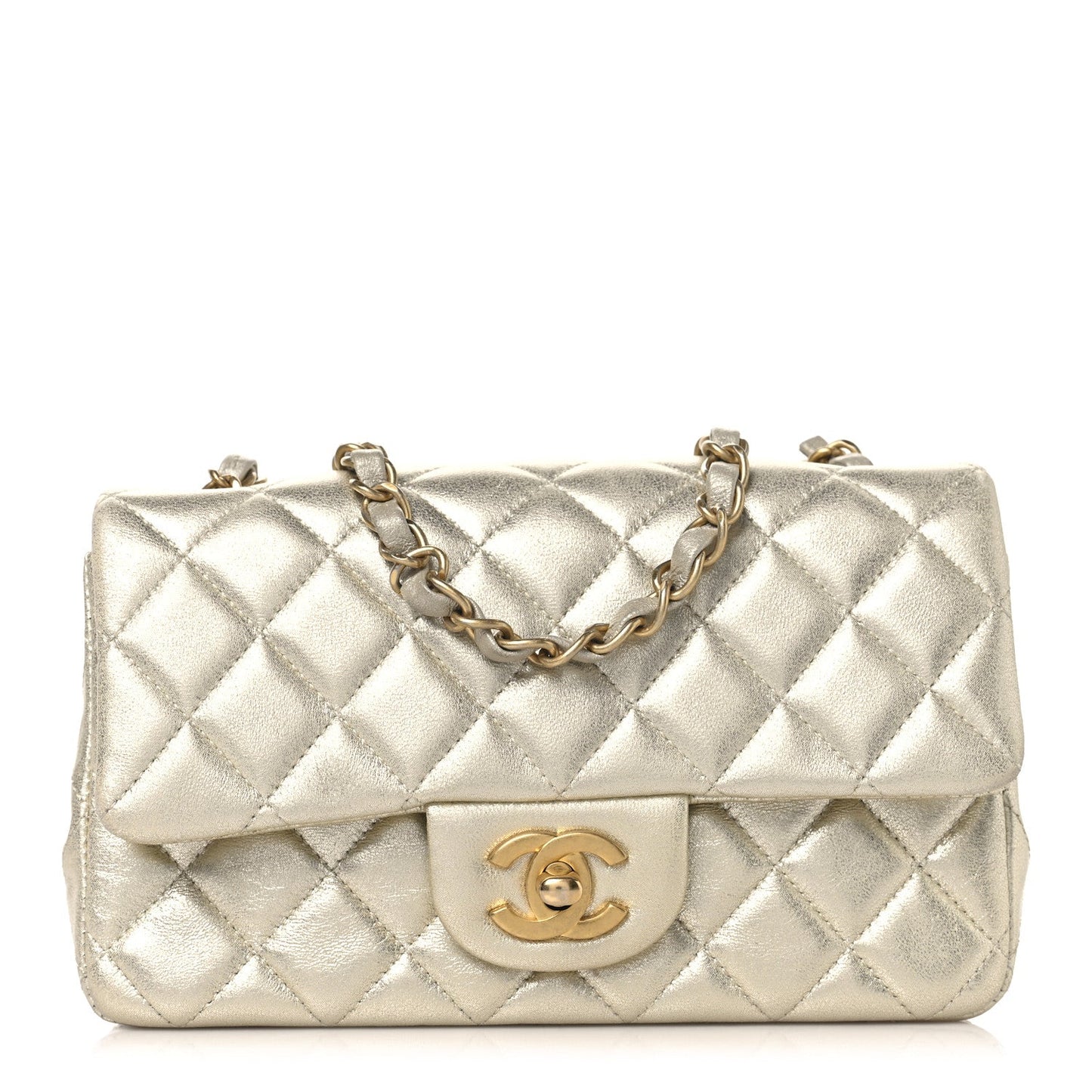 Metallic Lambskin Quilted Mini Rectangular Flap Gold