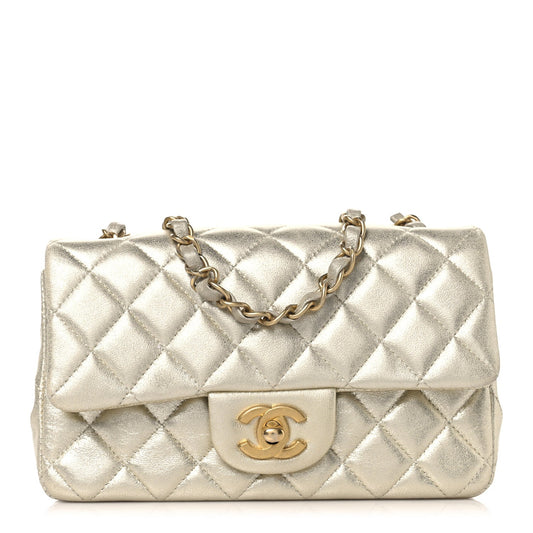 Metallic Lambskin Quilted Mini Rectangular Flap Gold
