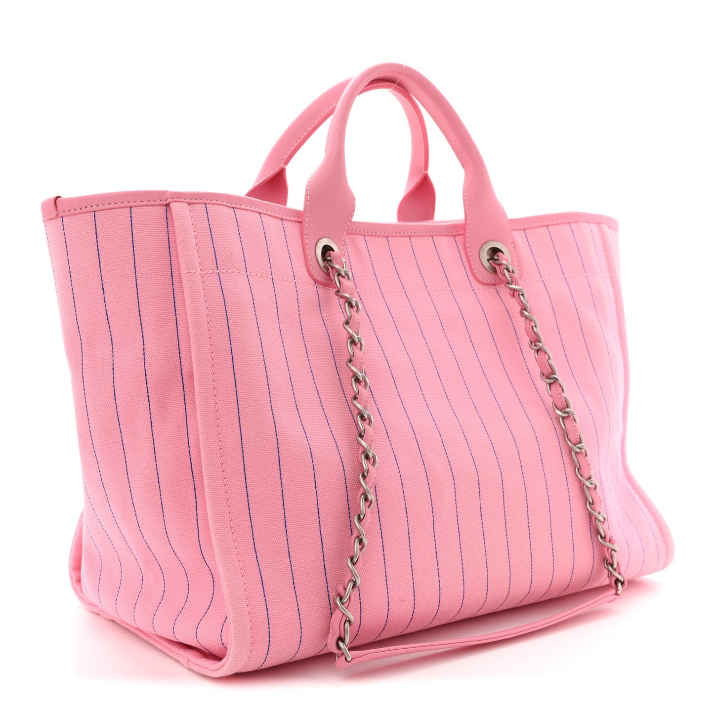 Canvas Calfskin Striped Large Deauville Tote Pink Blue