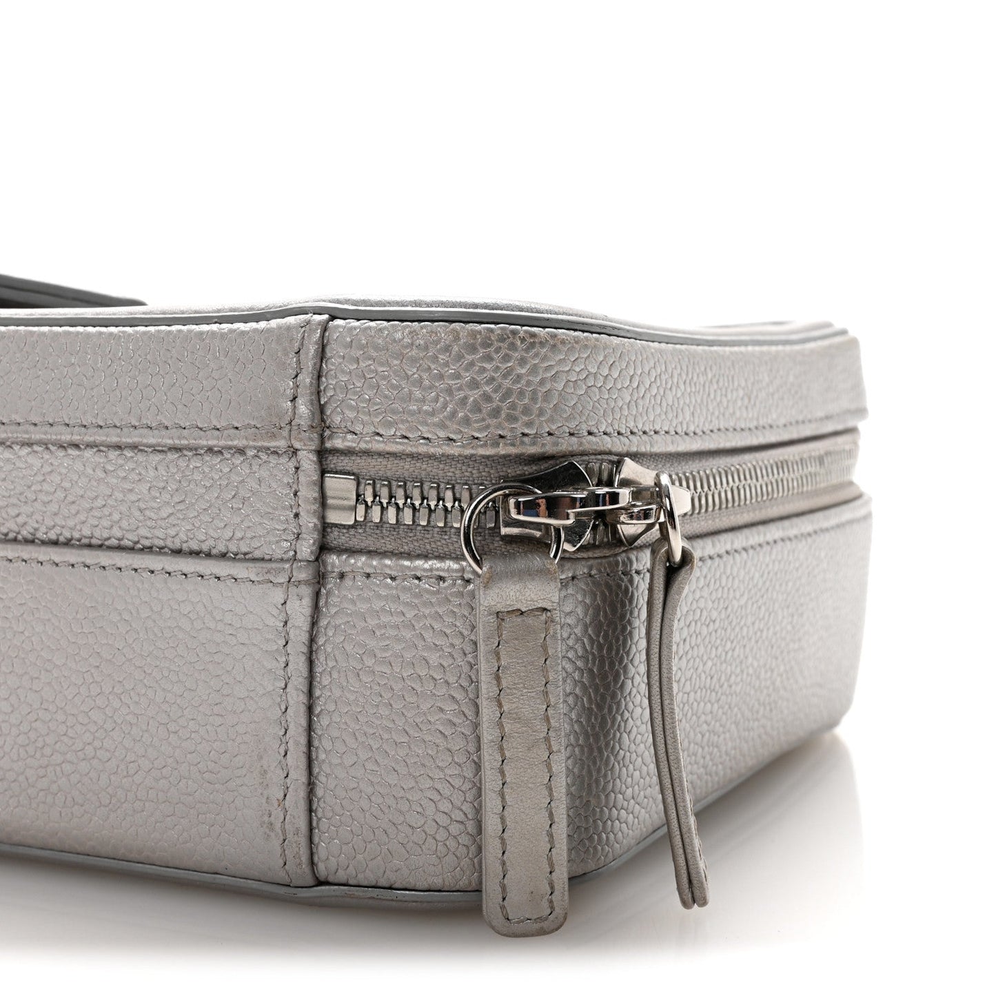 Metallic Caviar Quilted Medium CC Filigree Vanity Case Silver
