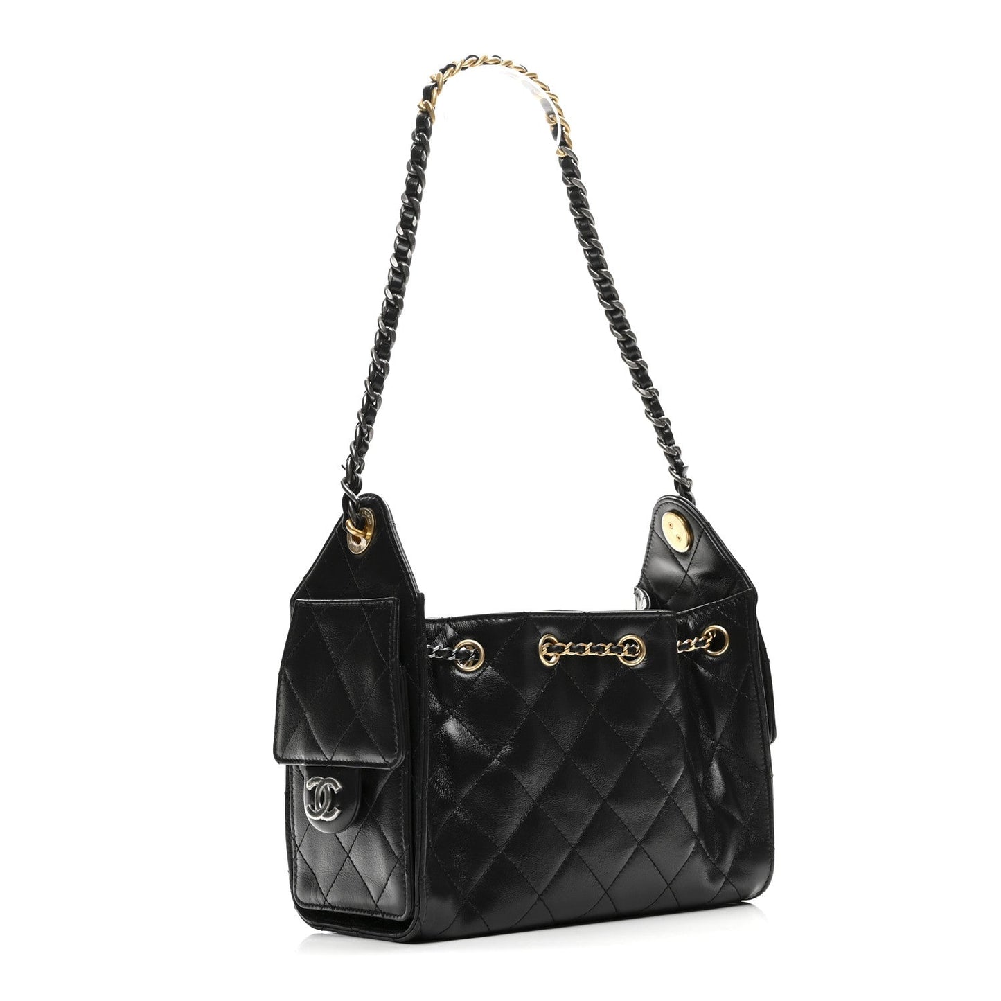 Shiny Crumpled Quilted Mini Chanel 25 Handbag Black