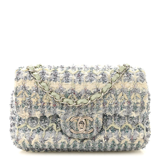 Tweed Quilted Mini Rectangular Flap Light Green Silver White
