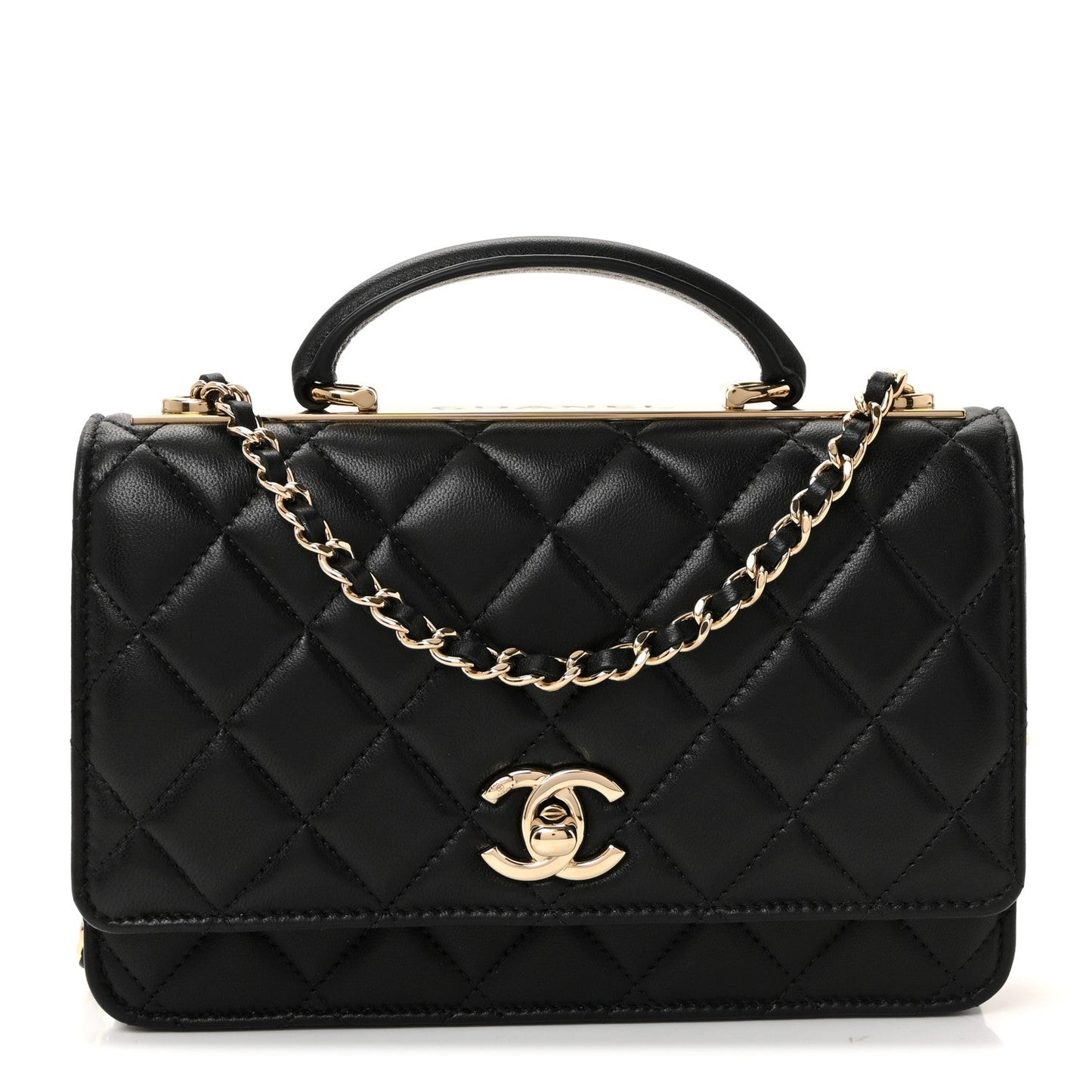 Lambskin Quilted Top Handle Trendy CC Wallet On Chain WOC Black