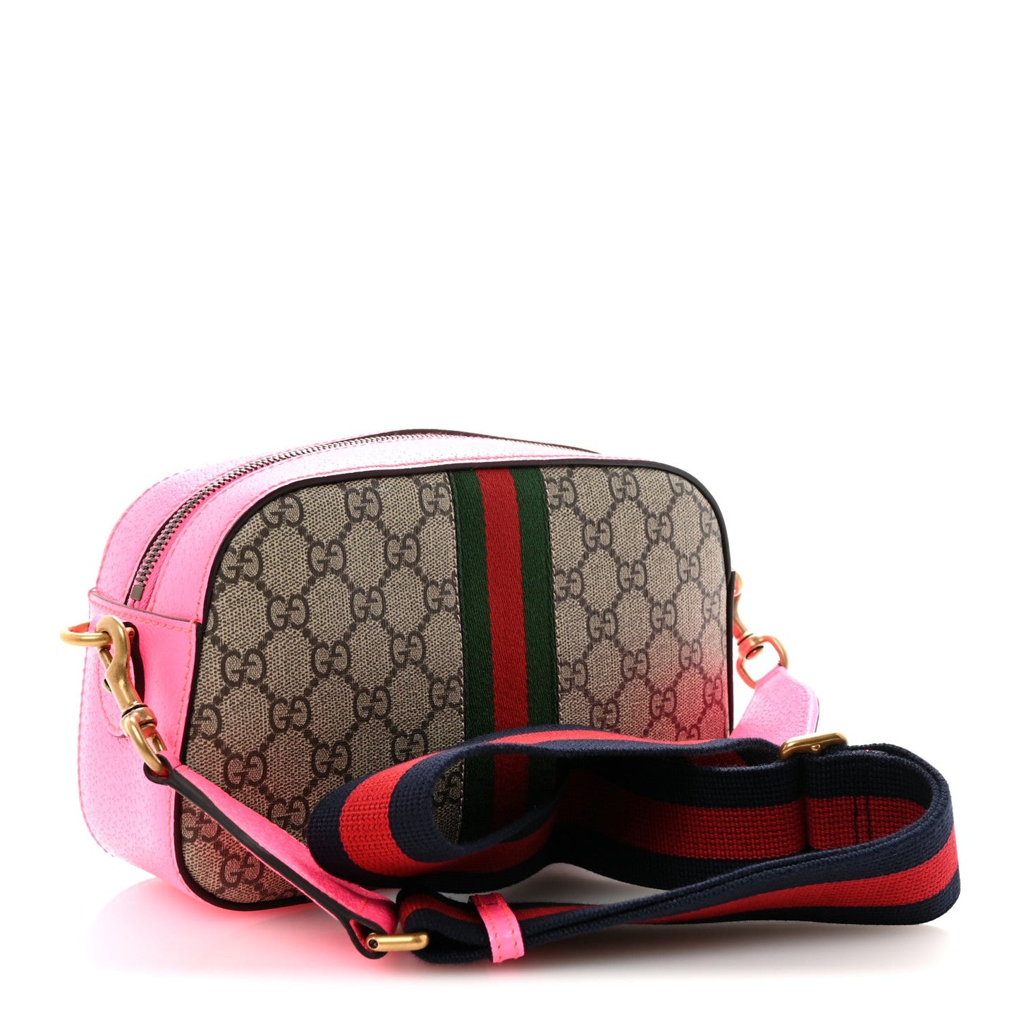 GG Supreme Monogram Textured Dollar Calfskin Web Ophidia Small Crossbody Bag Beige Ebony Fuchsia