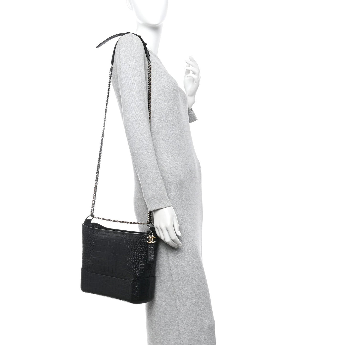 Crocodile Embossed Calfskin Medium Gabrielle Cocodile Hobo Black