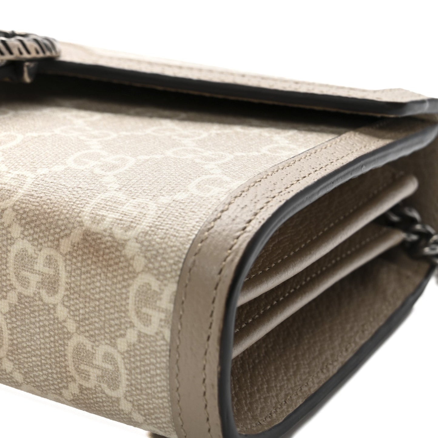 GG Supreme Monogram Textured Dollar Calfskin Mini Dionysus Chain Wallet Beige Mystic White Oatmeal