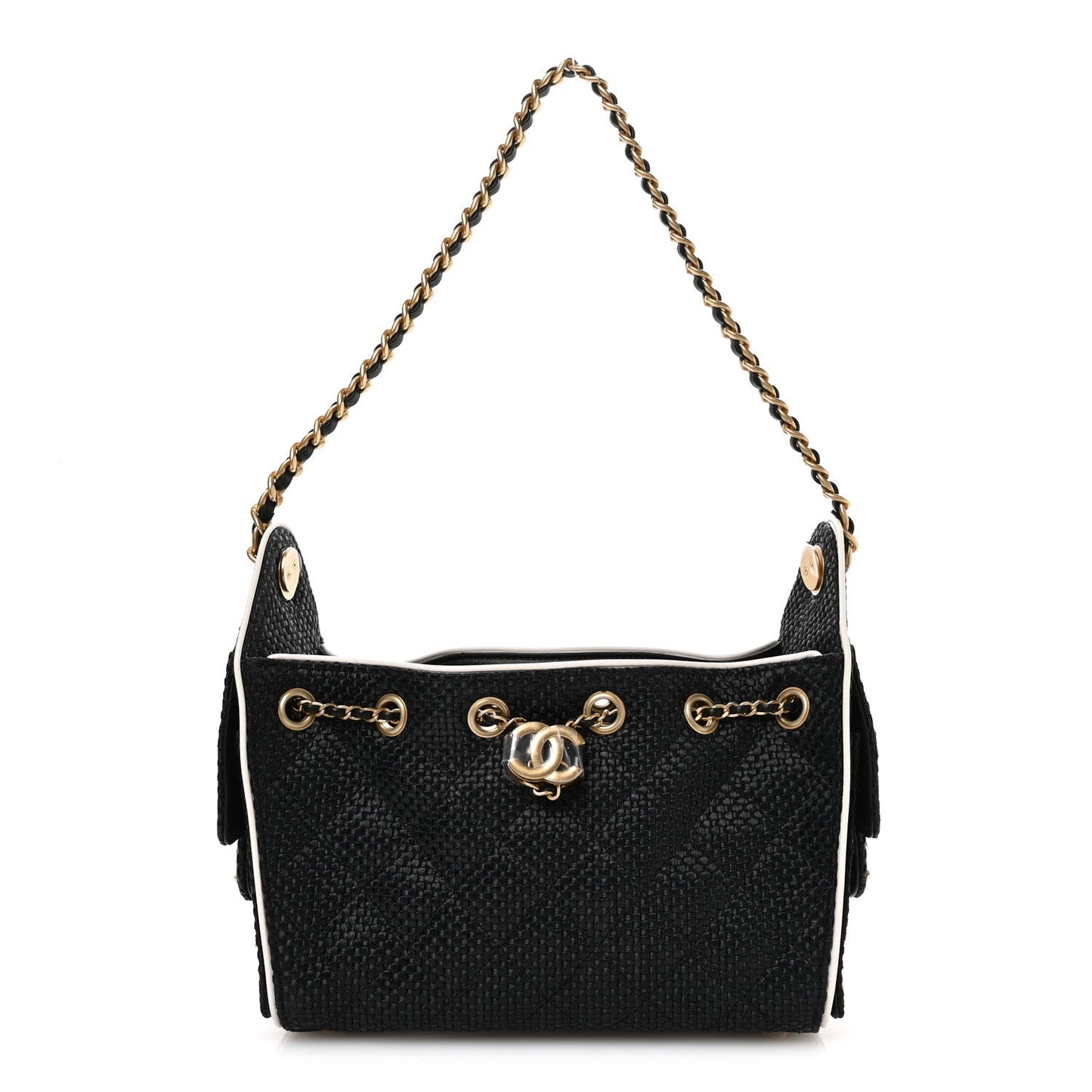 Braided Raffia Calfskin Quilted Mini Chanel 25 Handbag Black White