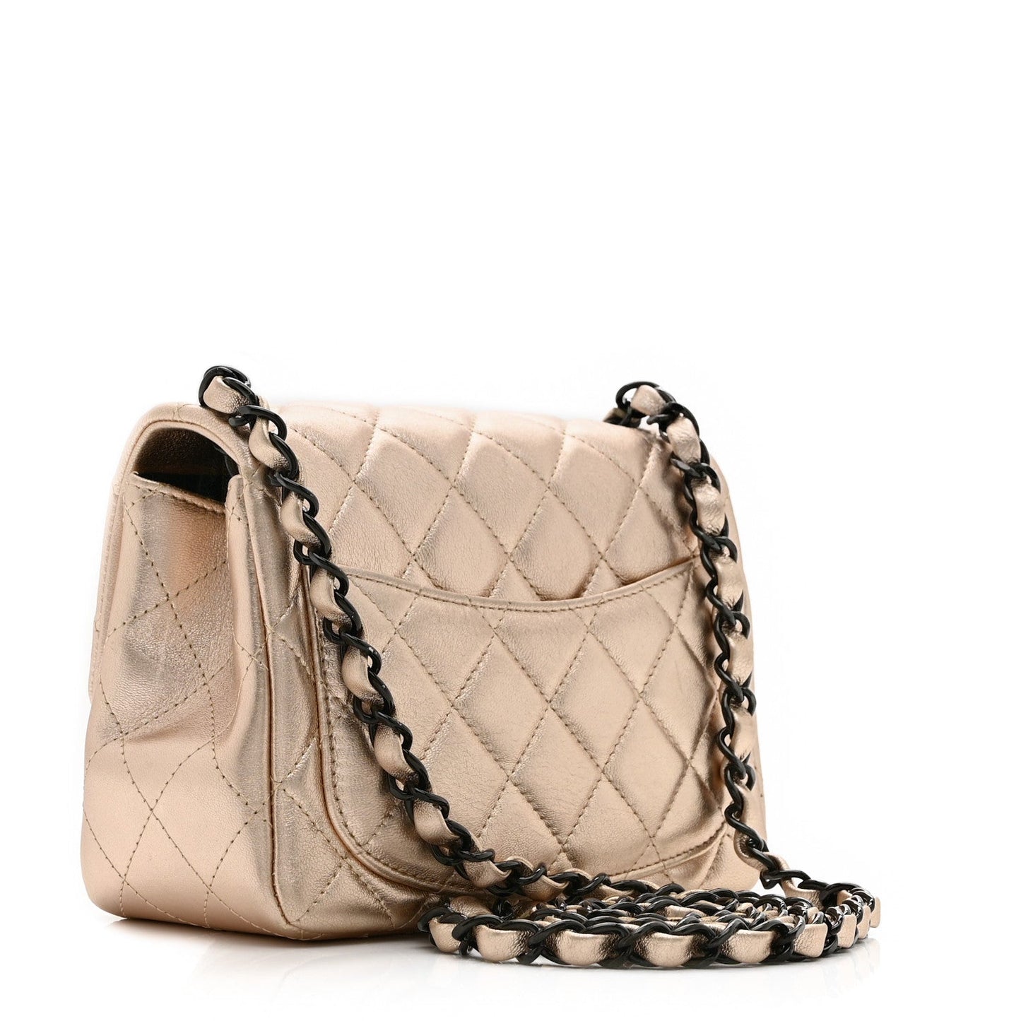 Metallic Lambskin Quilted Mini Square Flap Gold Black
