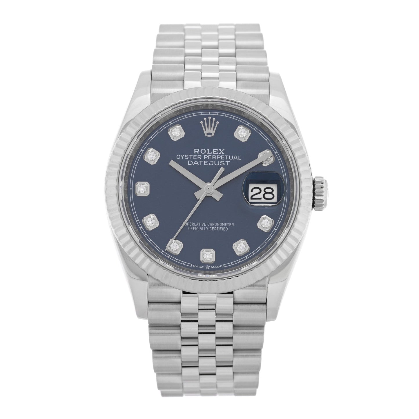 Stainless Steel 18K White Gold Diamond 36mm Oyster Perpetual Datejust Watch Bright Blue 126234
