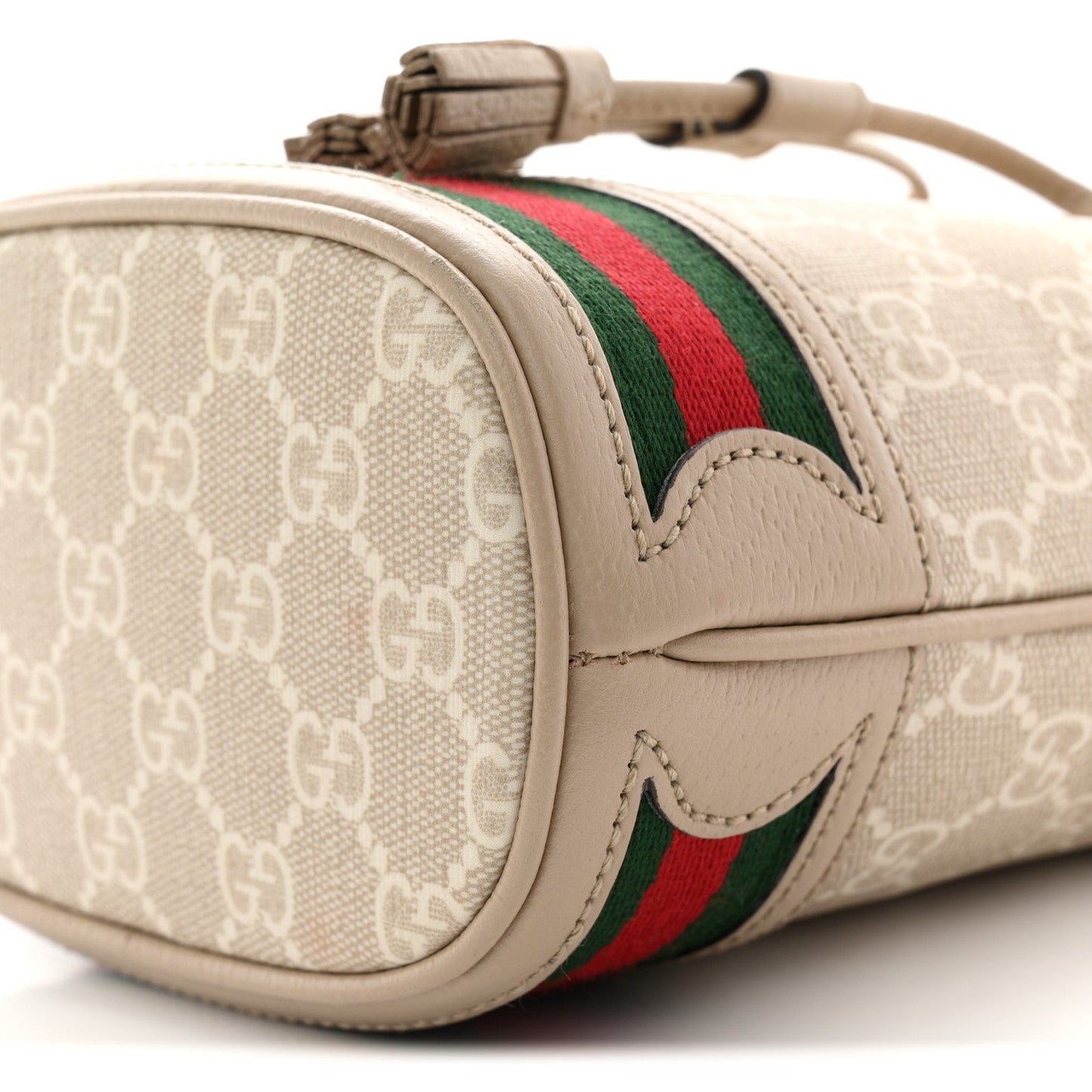 GG Supreme Monogram Textured Calfskin Web Mini Ophidia Bucket Bag Beige Ebony Mystic White Oatmeal