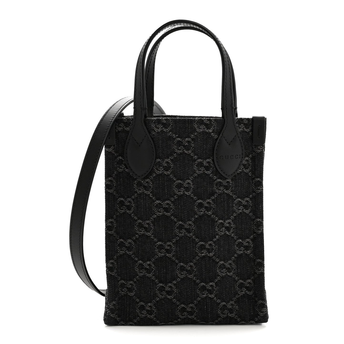 Denim Cuoio Harness GG Monogram Mini Ophidia Tote Bag Black Medium Grey