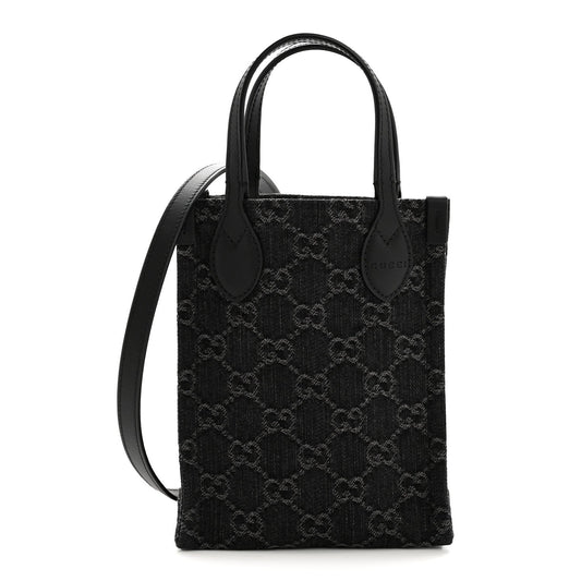 Denim Cuoio Harness GG Monogram Mini Ophidia Tote Bag Black Medium Grey