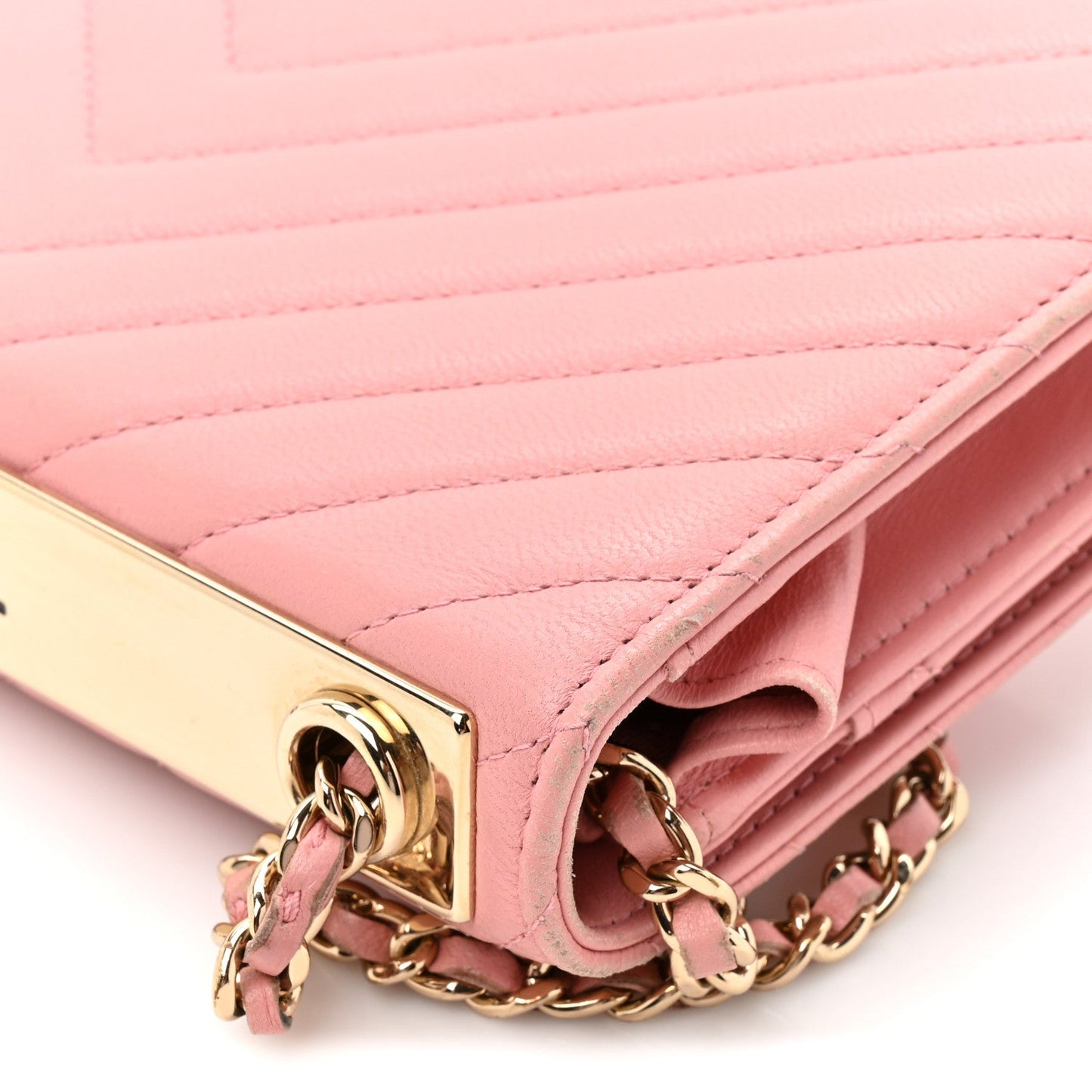 Lambskin Chevron Quilted Trendy CC Wallet On Chain WOC Pink