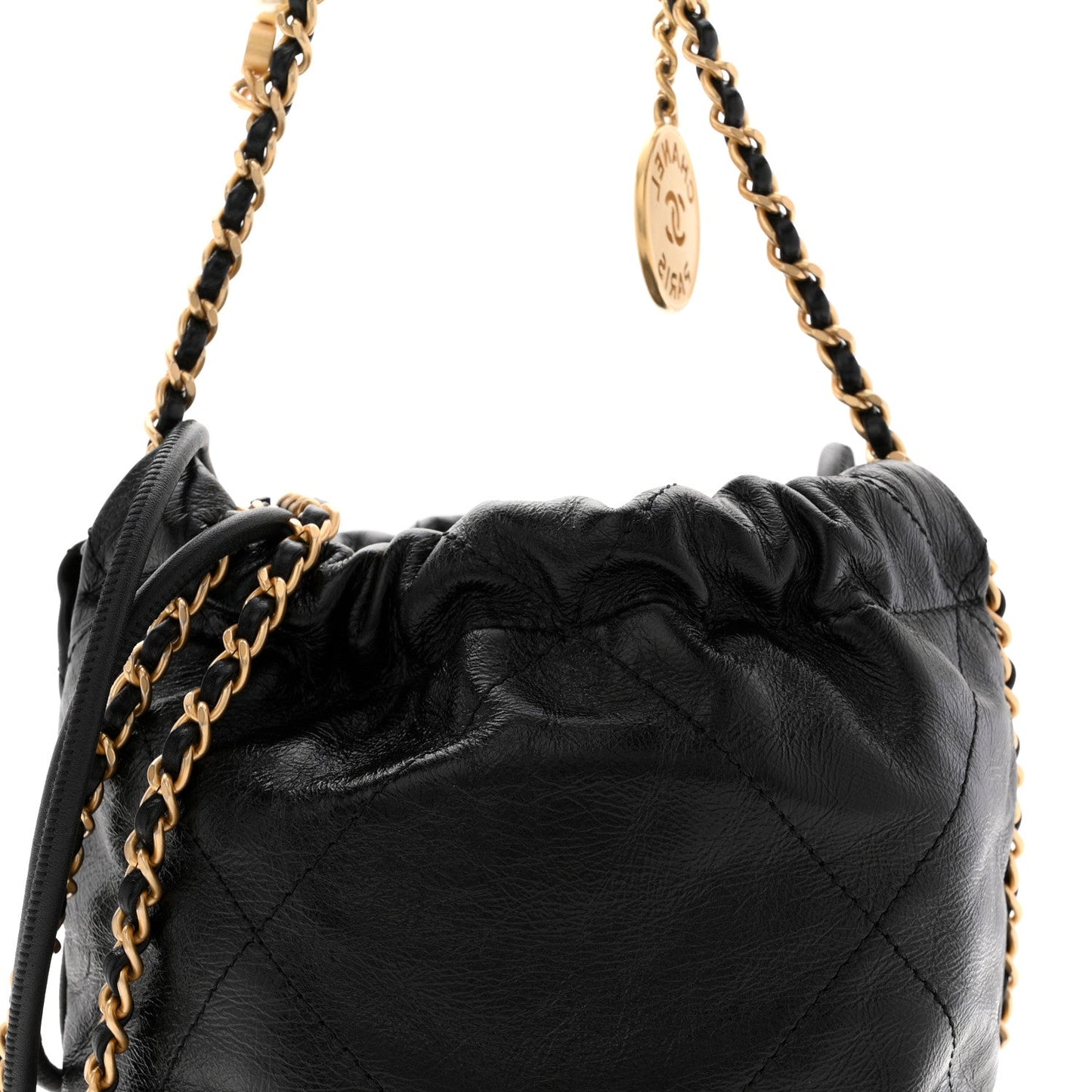Shiny Crumpled Calfskin Quilted Pearl Mini Chanel 22 Black