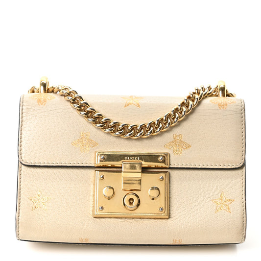 Grained Calfskin Bee Star Small Padlock Shoulder Bag White