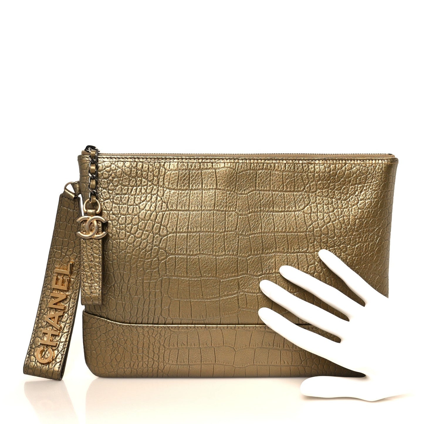 Metallic Calfskin Crocodile Embossed Medium Gabrielle Cosmetic Case Gold