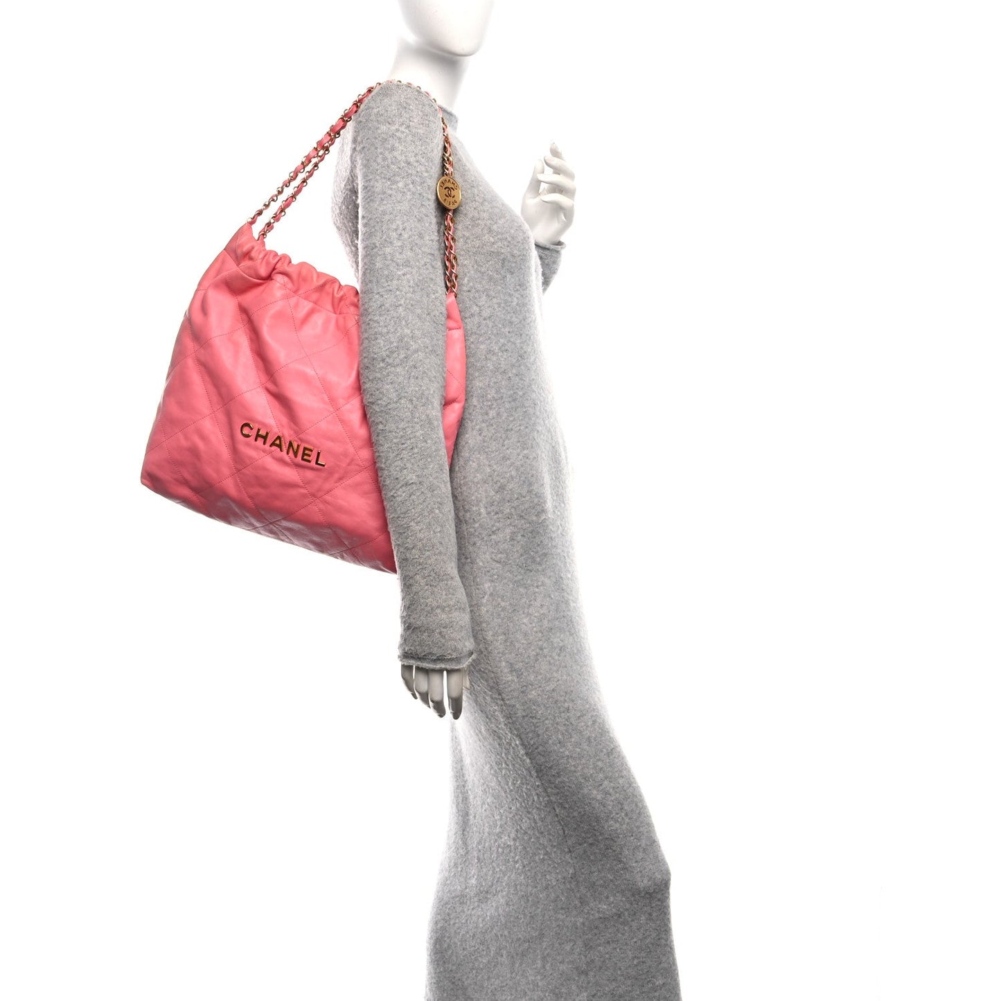 Shiny Calfskin Quilted Chanel 22 Drawstring Bag Coral Pink