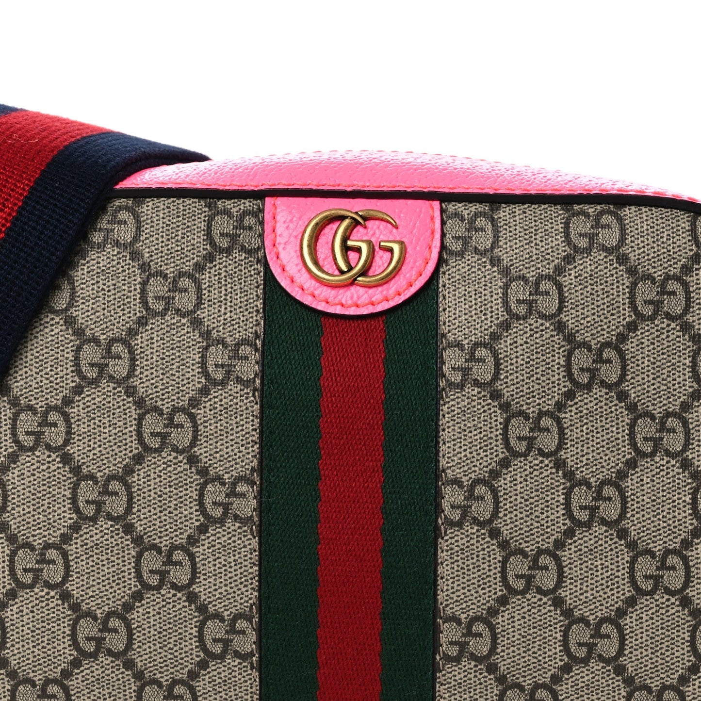 GG Supreme Monogram Textured Dollar Calfskin Web Ophidia Small Crossbody Bag Beige Ebony Fuchsia