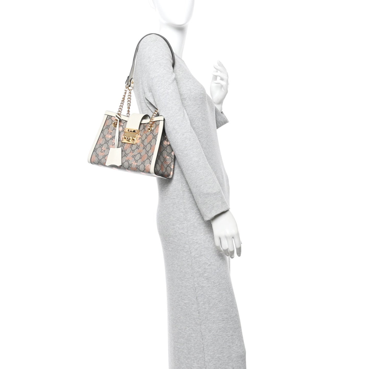 GG Supreme Monogram Berry Textured Dollar Calfskin Small Padlock Tote Beige Ebony Light Copper Mystic White