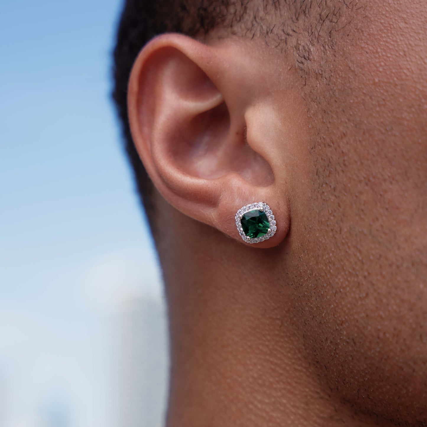 10MM Emerald Cushion Cut Stud Earring in White Gold
