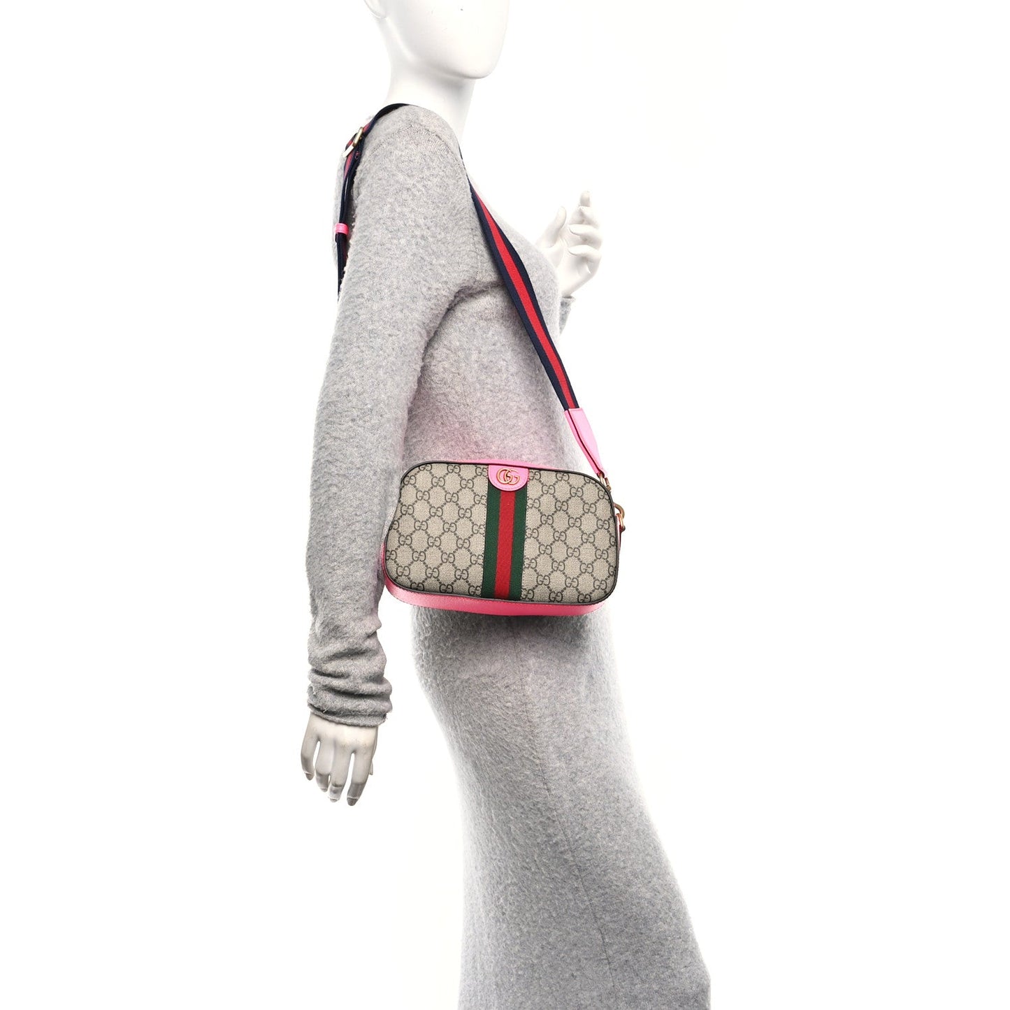 GG Supreme Monogram Textured Dollar Calfskin Web Ophidia Small Crossbody Bag Beige Ebony Fuchsia