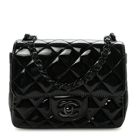 Patent Calfskin Quilted Mini Square Flap So Black
