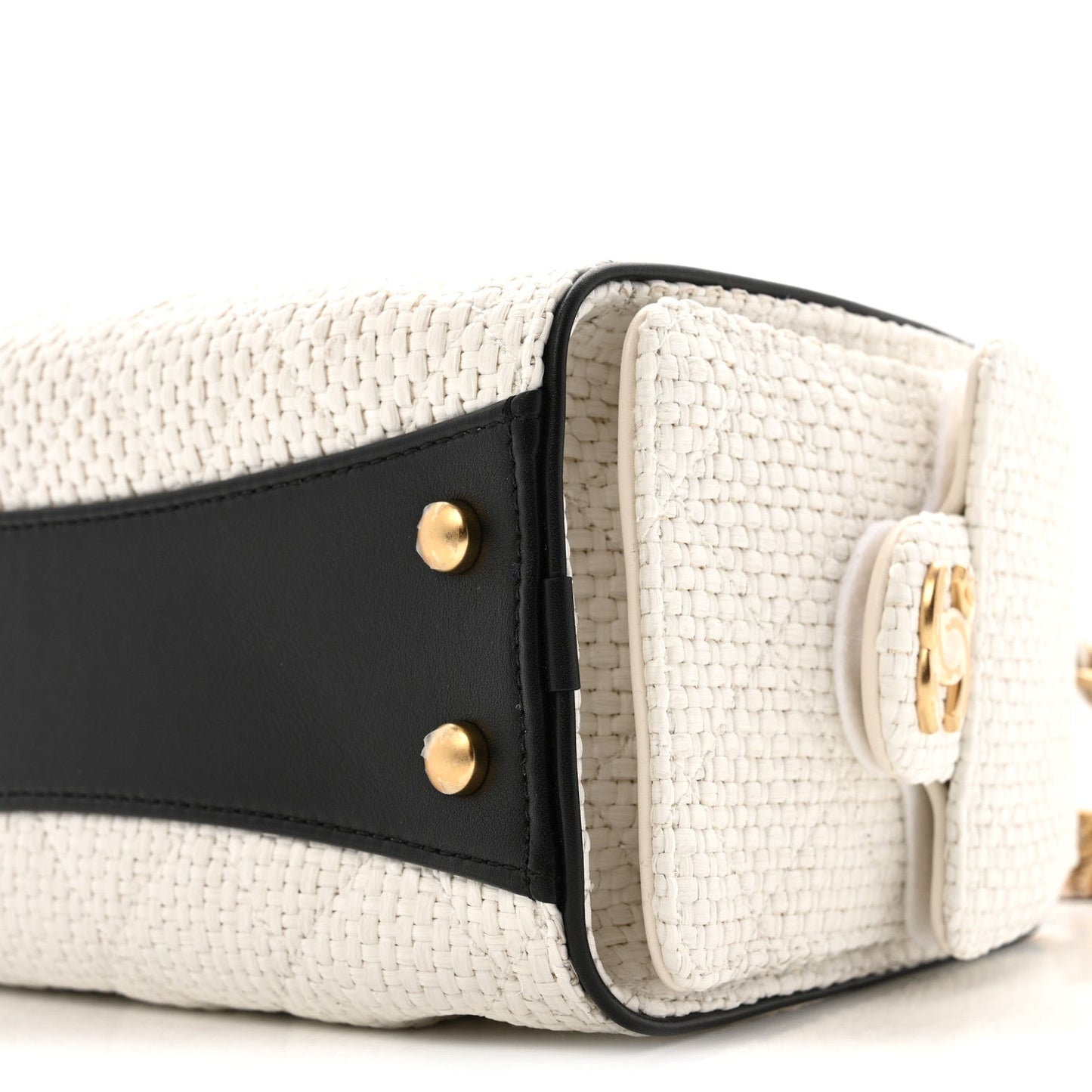 Braided Raffia Calfskin Mini Chanel 25 Handbag White Black
