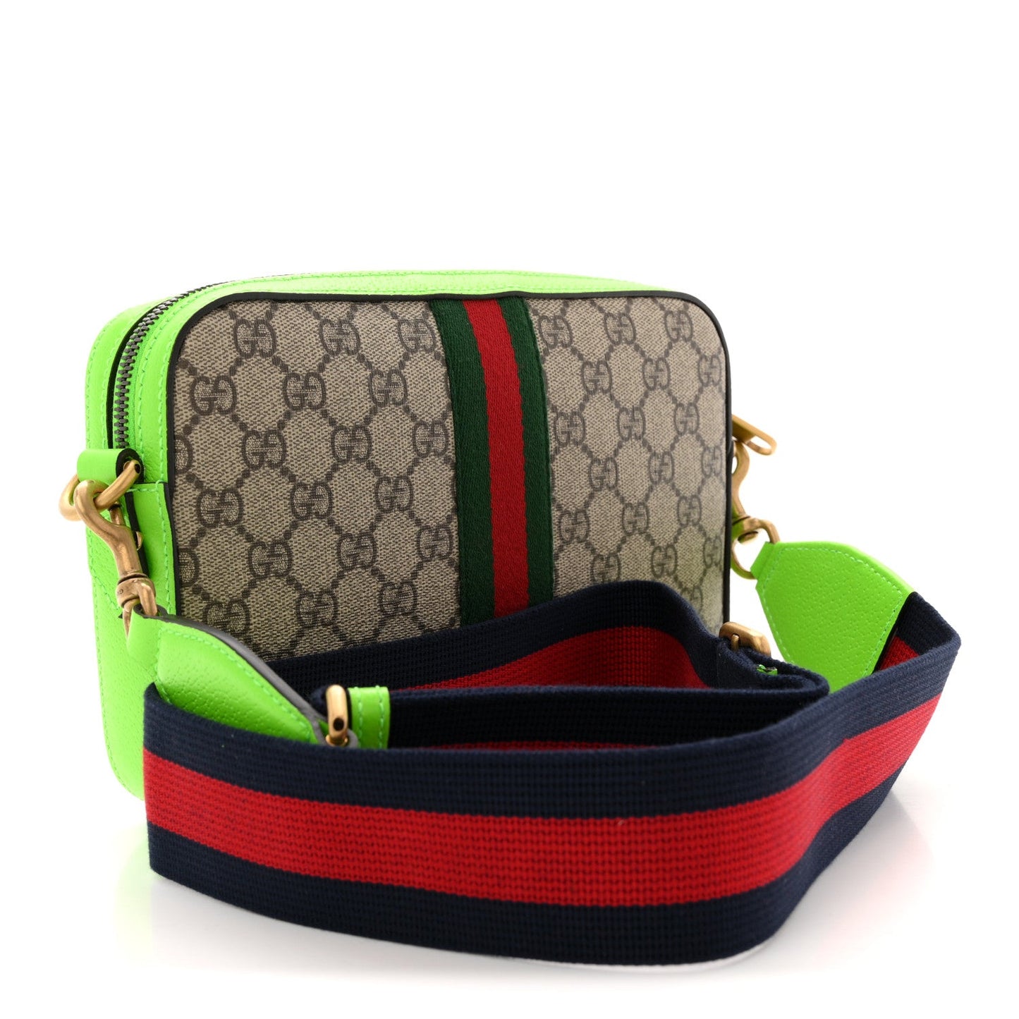 GG Supreme Monogram Textured Dollar Calfskin Web Ophidia Wristlet Shoulder Bag Beige Ebony Green