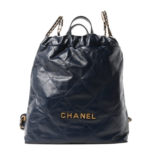 Shiny Calfskin Quilted Chanel 22 Backpack Dark Blue