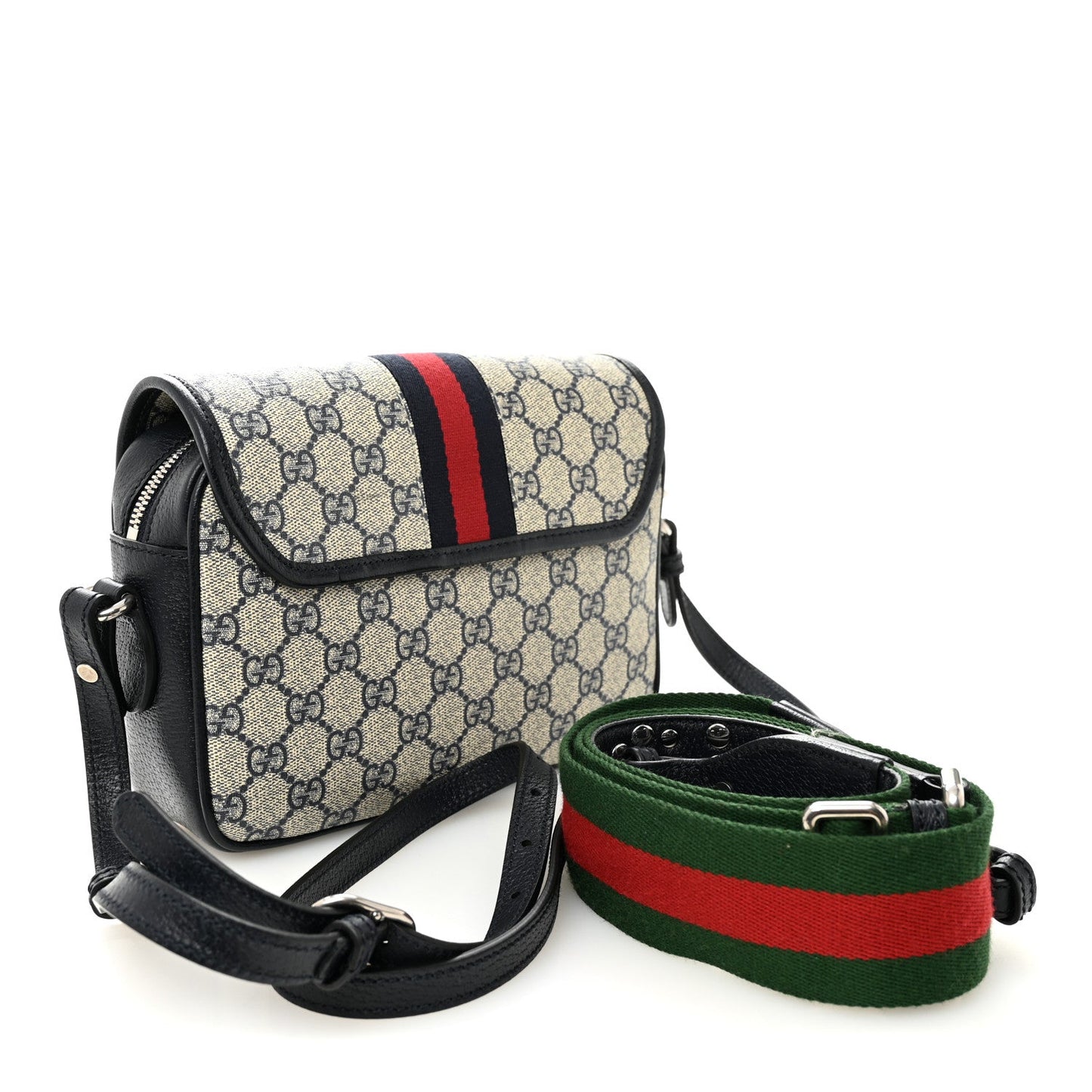 GG Supreme Monogram Textured Dollar Calfskin Web Studded Mini Ophidia Flap Shoulder Bag Beige Blue