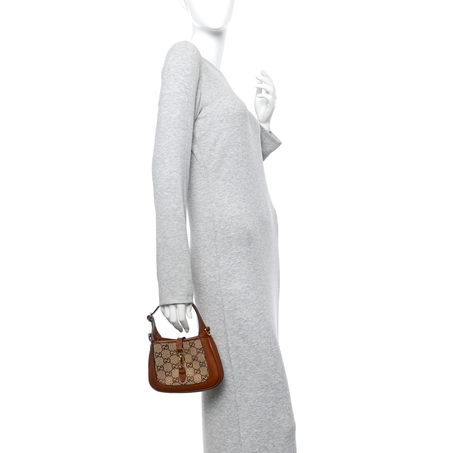 New Canvas Charisma Calfskin Crystal GG Monogram Mini Jackie 1961 Hobo Camel Ebony