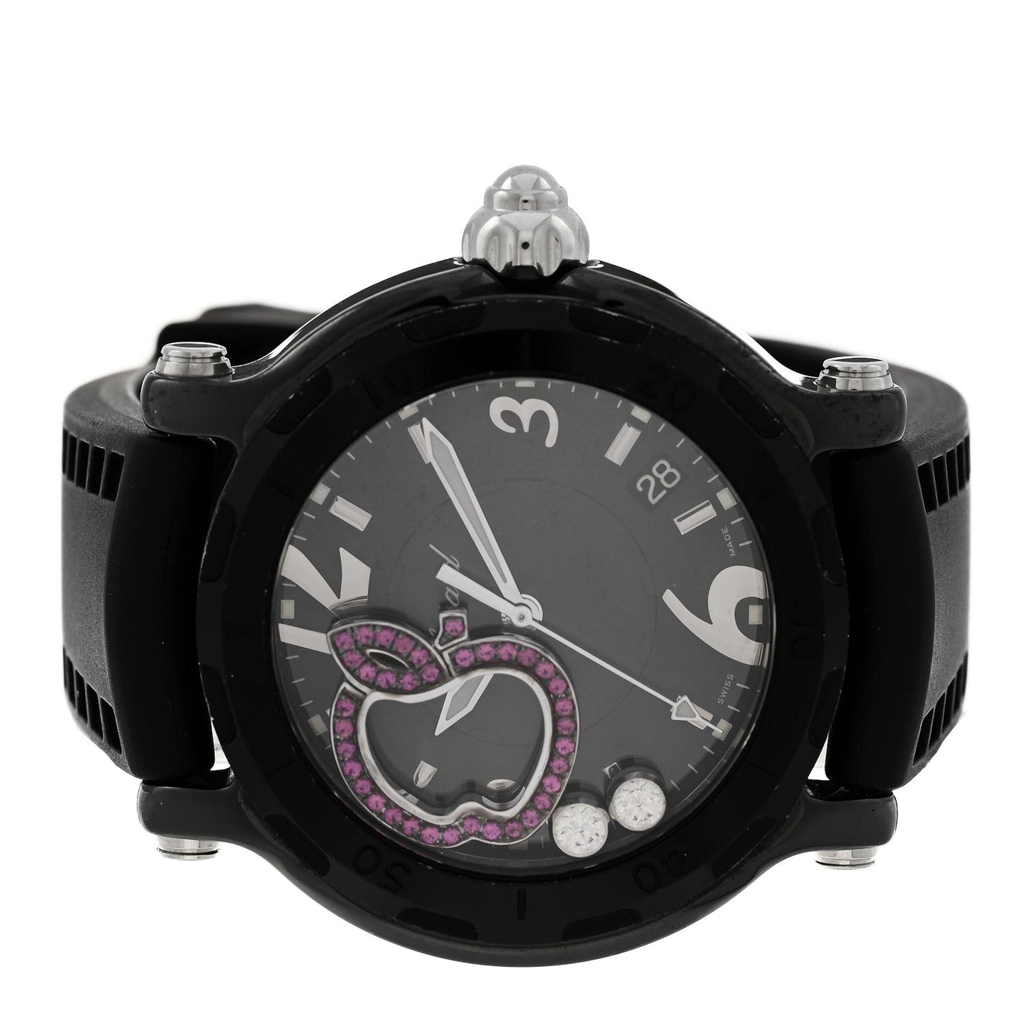 Stainless Steel Rubber Diamond Pink Sapphire 38mm Happy Sport Apple Quartz Watch Black