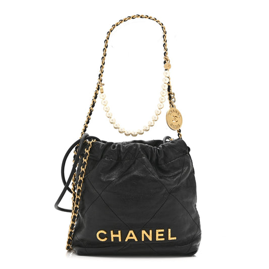 Shiny Crumpled Calfskin Quilted Pearl Mini Chanel 22 Black