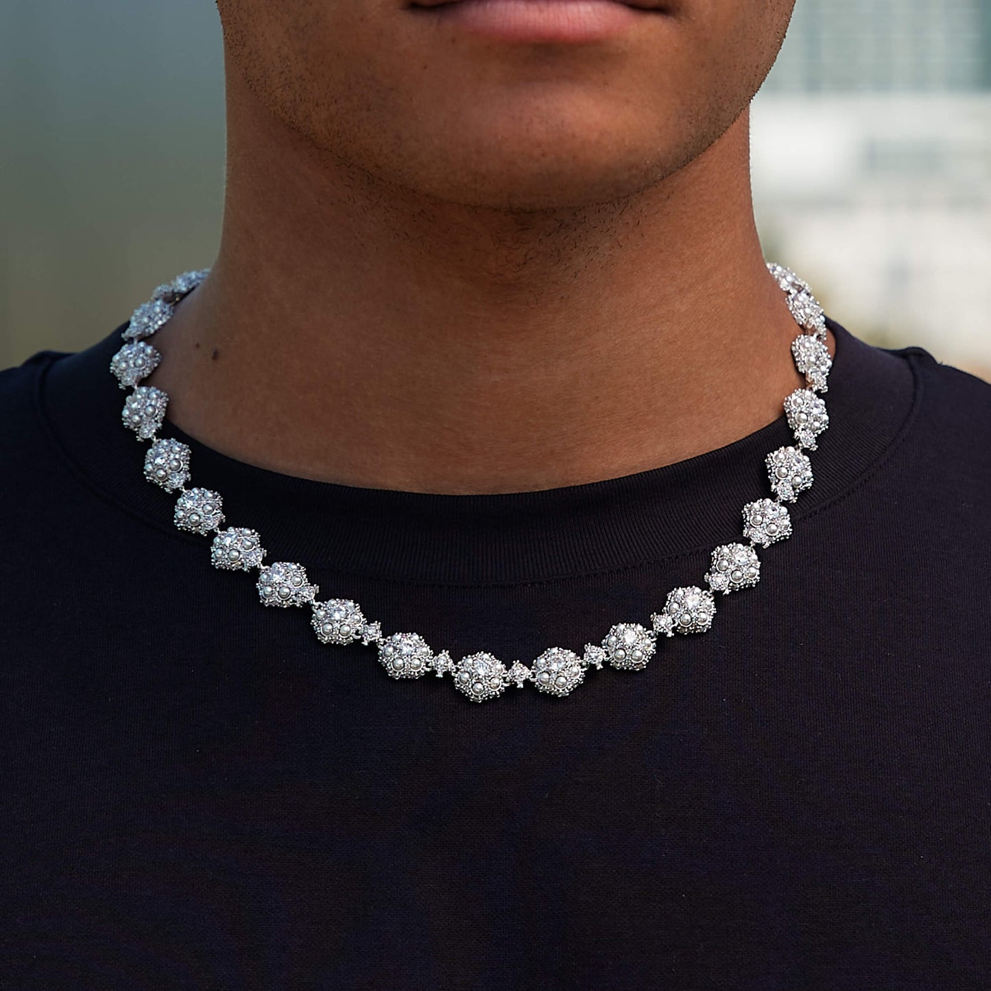 Iced Clustered Pearl Flower Chain in White Gold - 12MM