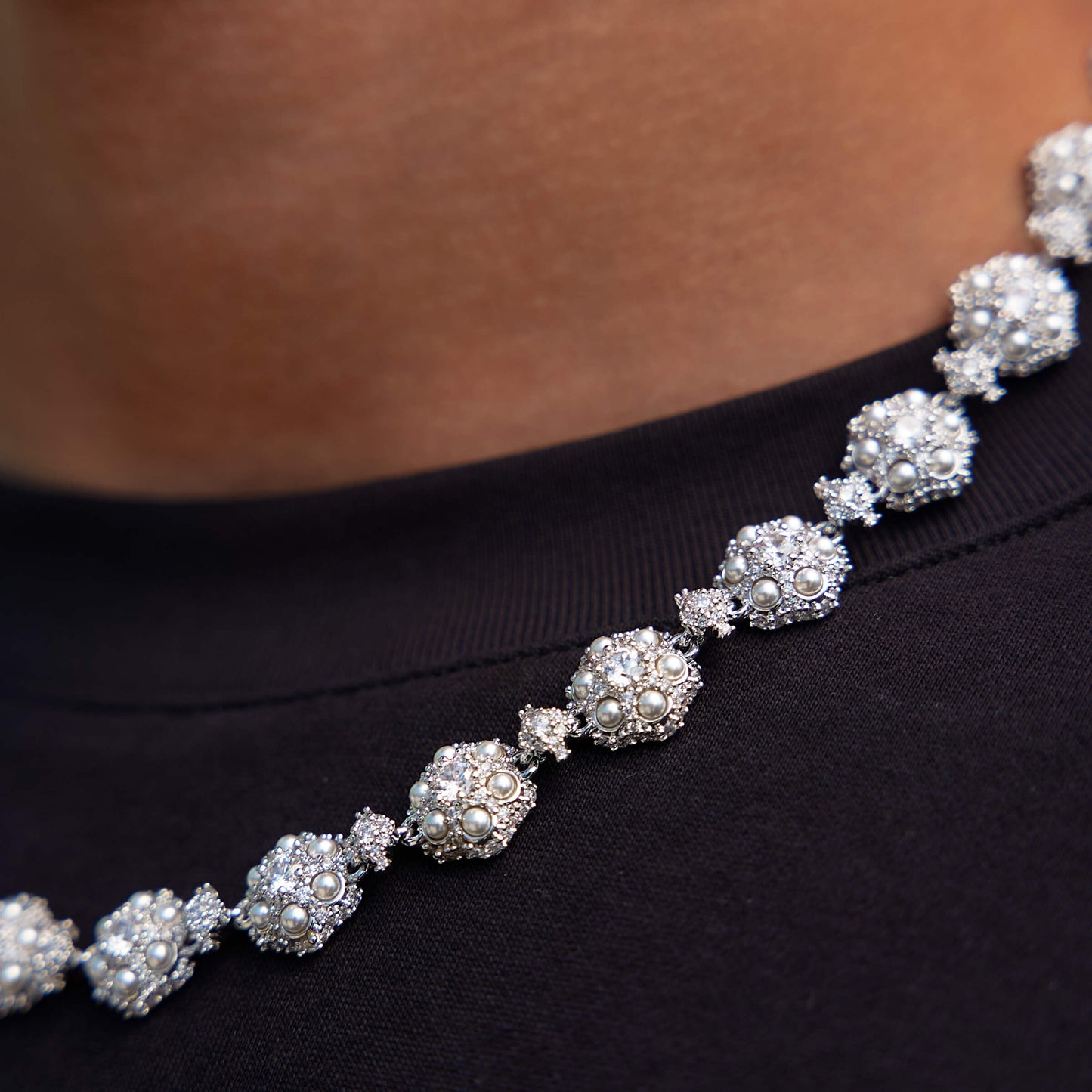 Iced Clustered Pearl Flower Chain in White Gold - 12MM